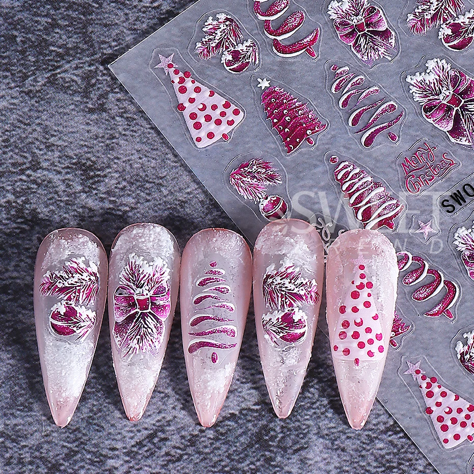 2pcs Christmas Nail Art Stickers Self-Adhesive Purple Xmas Tree Bow Lamp Ball Snowflake Nail Decals Manicure Accessories Decor