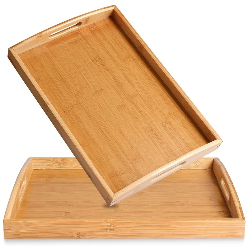 

HOT SALE 2 Pack Bamboo Serving Tray With Handles,Portable Bed Tray For Breakfast Dinner, Eating Trays For Living Room,Restaurant