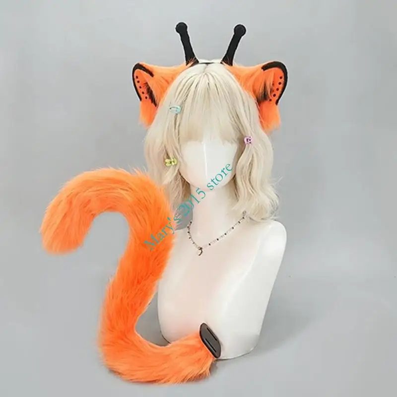 Cats Costume Accessories Cats Ears and Tail Set Plush Texture with Adjustable Waist Strap for Holiday Party and Convention Wear