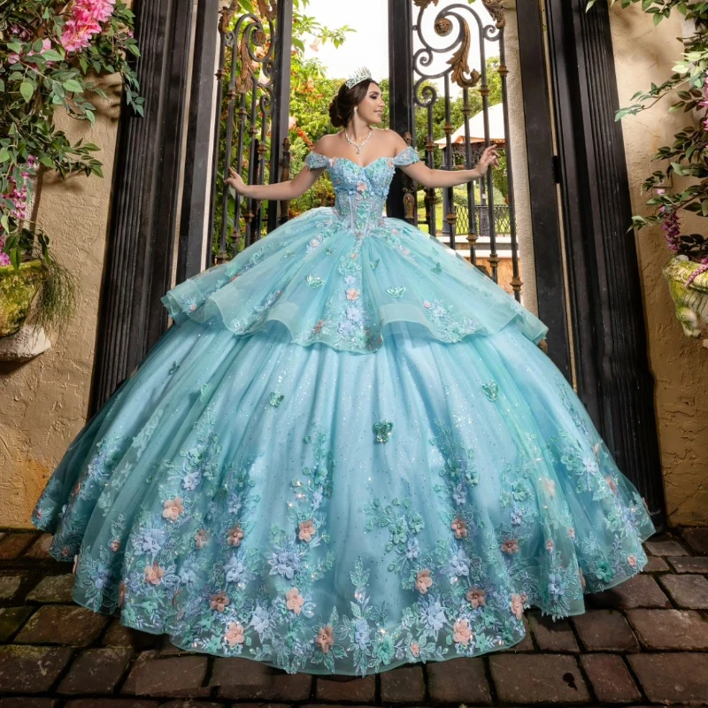 

Мексиканское голубое платье для Quinceanera, бальное платье с бисером, кружевной аппликацией, Tull Sweet 16, платье принцессы на шнуровке, платье для 15 лет