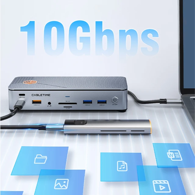 CABLETIME USB C Docking Station Type C Dock Multi HUB PD100W HDMI DP Display SSD Enclosure RJ45 SD/TF Card for Macbook Laptop 5