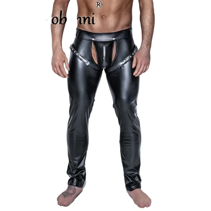 Erotic Men Faux PU Leather Pants Male Wetlook Latex Trousers Open Front Pole Dance Pants Gay Fetish PVC Clubwear Costumes men leggings