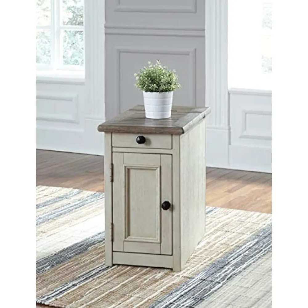 Bolanburg Farmhouse Chair Side End Table with Outlets and USB Ports, Antique Cream & Brown 2