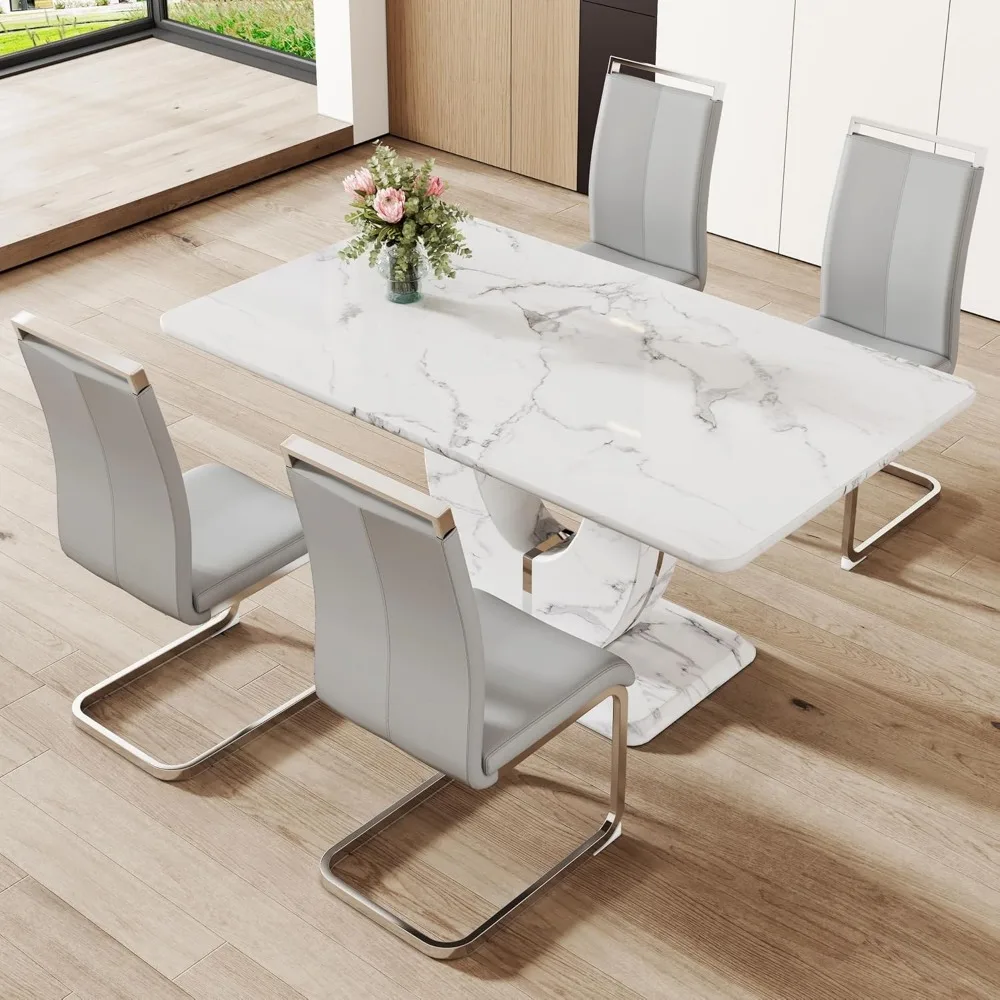 Modern Dining Table Set Rectangula Kitchen Table Set with Faux Marble Tabletop＆ Pu Leather Upholstered Chairs Ideal for  Kitchen 4