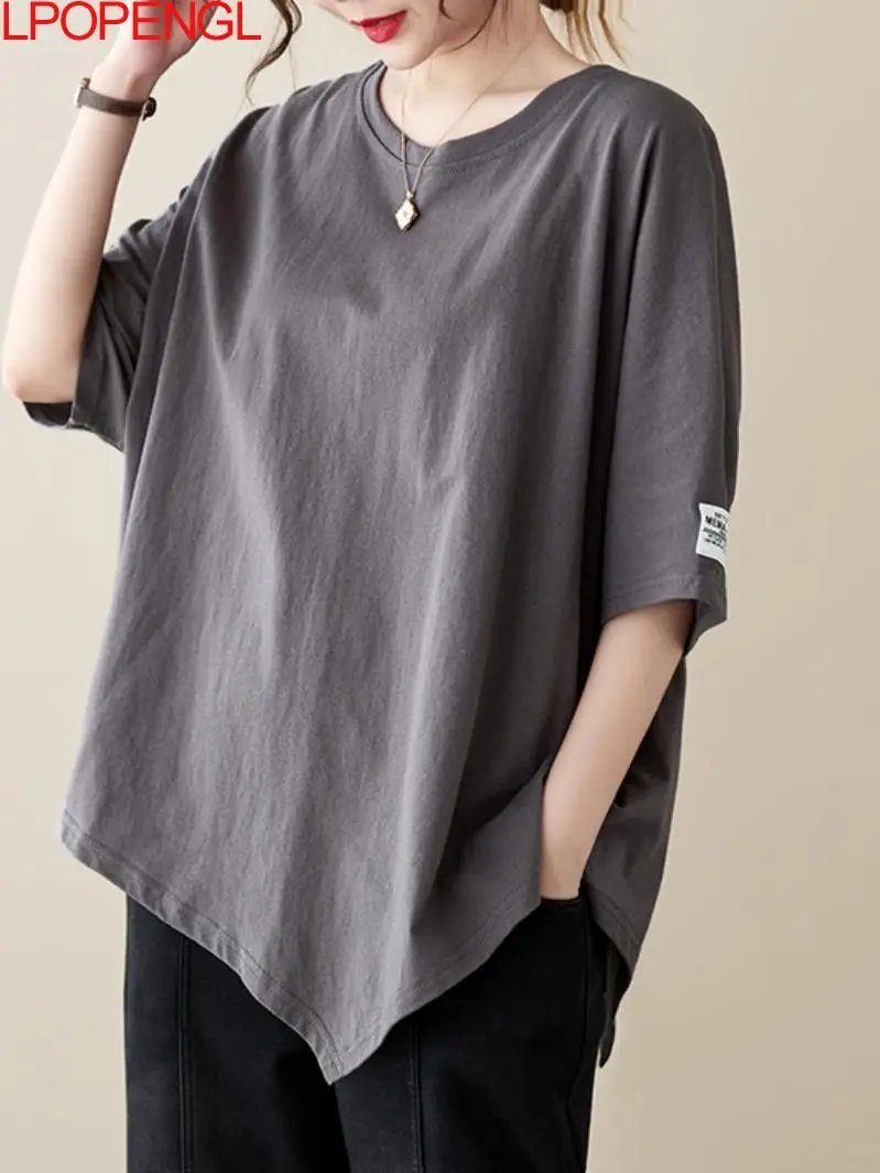 

Модный Асимметричный однотонный пуловер оверсайз с коротким рукавом футболка женский летний свободный дизайнерский шикарный топ с коротким рукавом и круглым вырезом