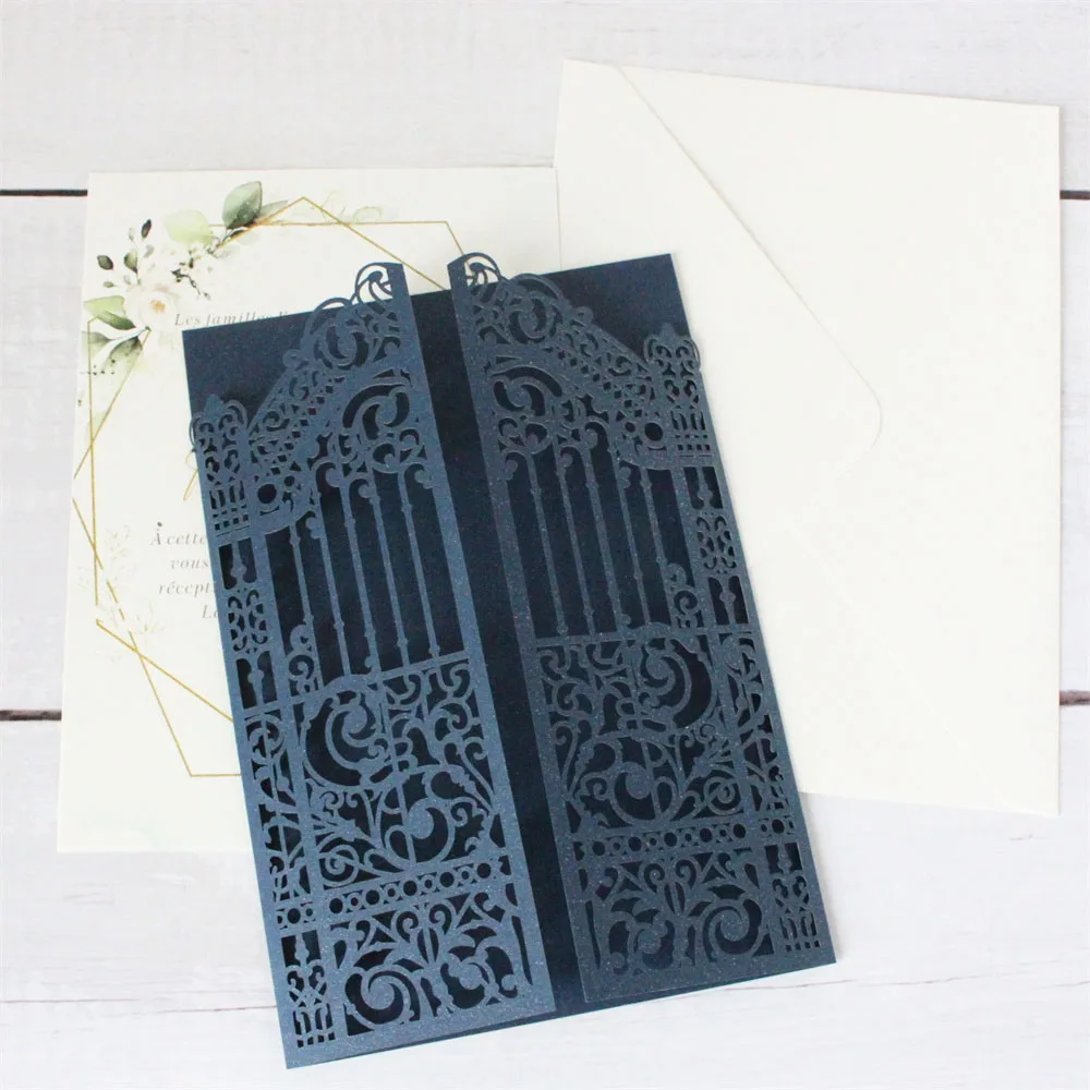 Metallic Gold Gate Laser Cut Wedding Invitation Cards 50 Sets Personalized Printing Marriage Celebrity Party Invites