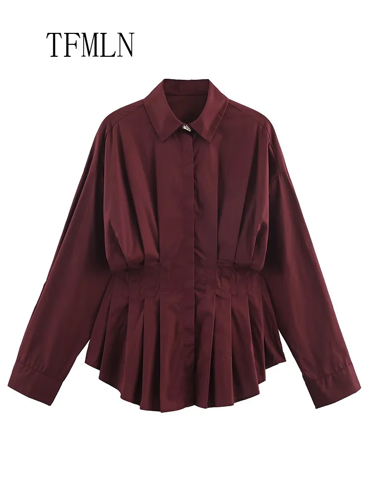Office Ladies Solid Pleated Blouses 2026 Spring Summer Lapel Long Sleeve Folds Causal Shirts Simple Slim Single Breasted Tops