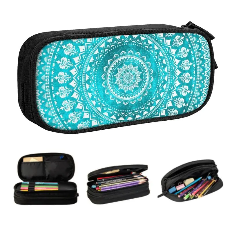 

Custom Mandala Turquoise Kawaii Pencil Case Boy Girl Large Capacity Floral Pattern Pencil Bag School Supplies