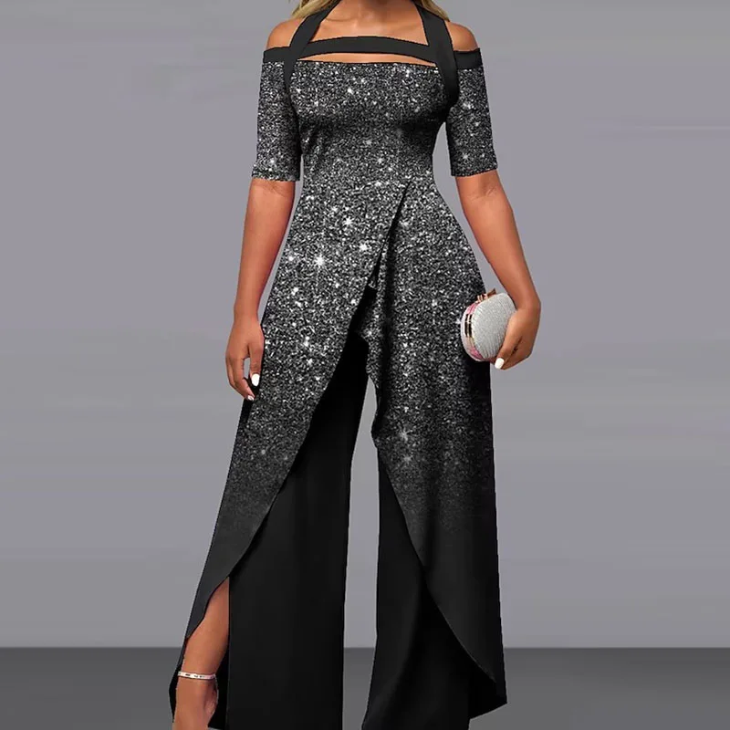 2023 Fashion Sexy Off-shoulder Printed Wide-leg Pants Jumpsuit Streetwear Casual Mid Waist Hollow Out Summer Straight Rompers