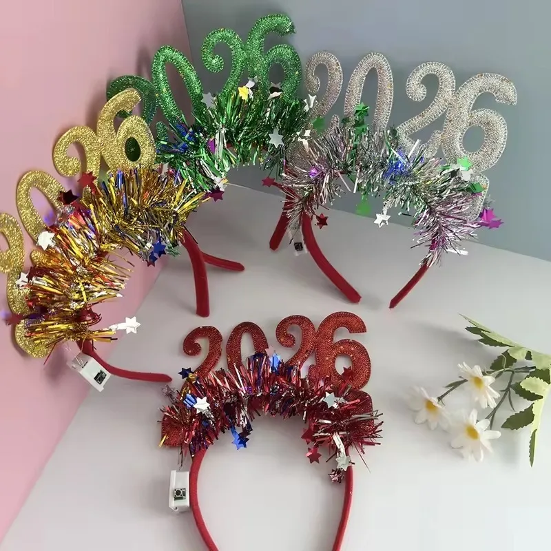 Sequin 2026 Happy New Year Headband Cute Star Party Decorative Glasses Headwear Sweet Xmas Hair Band Kids Photo Prop