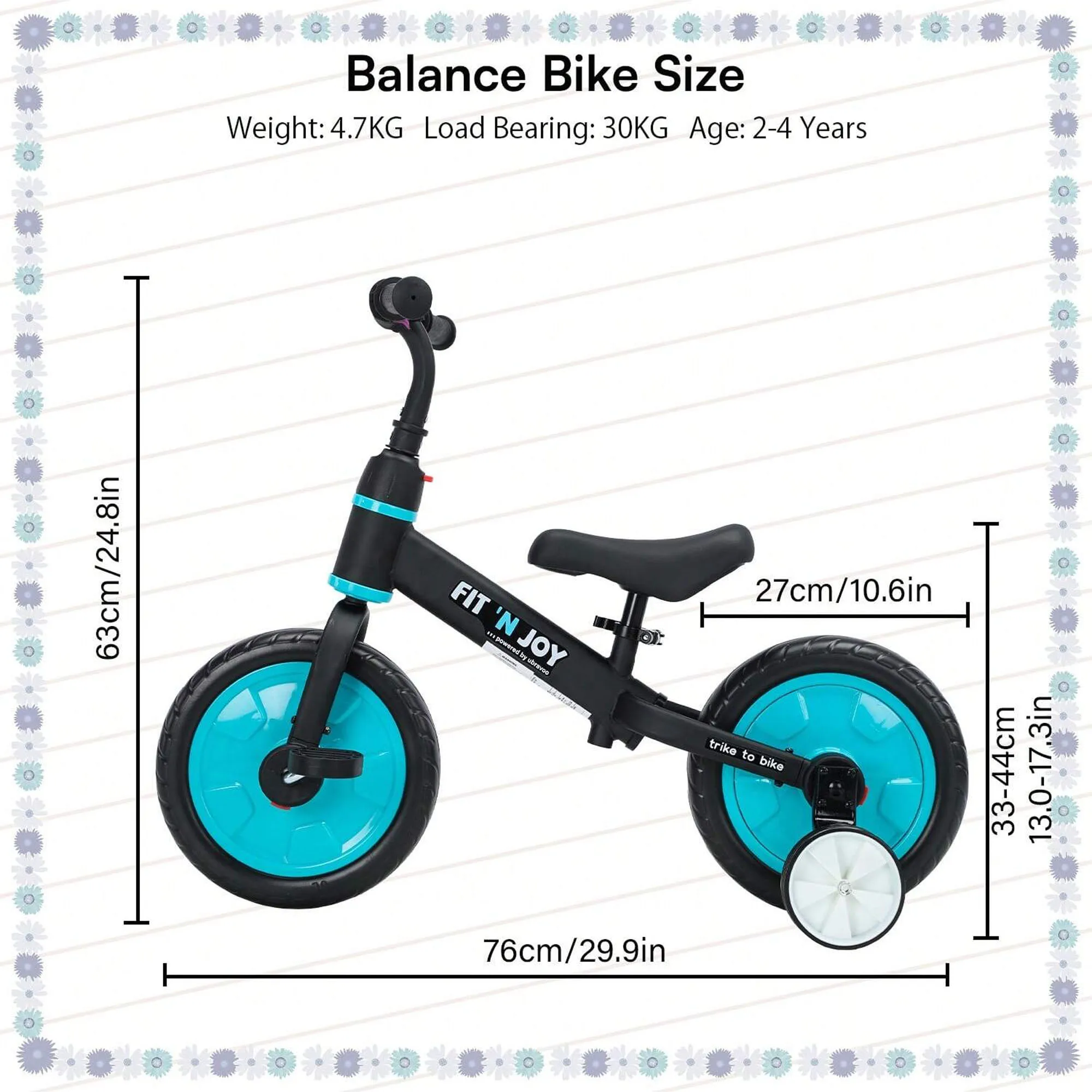 UBRAVOO Fit 'n Joy Beginner Toddler Training Bicycle for Boys Girls 2-4, 4-in-1 Kids Balance Bike with Pedals & Training Wheels 2