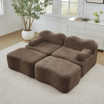Canapé modulaire 2 places - avec 2 poufs reliables, assise profonde et design sans cadre - en velours-Marron