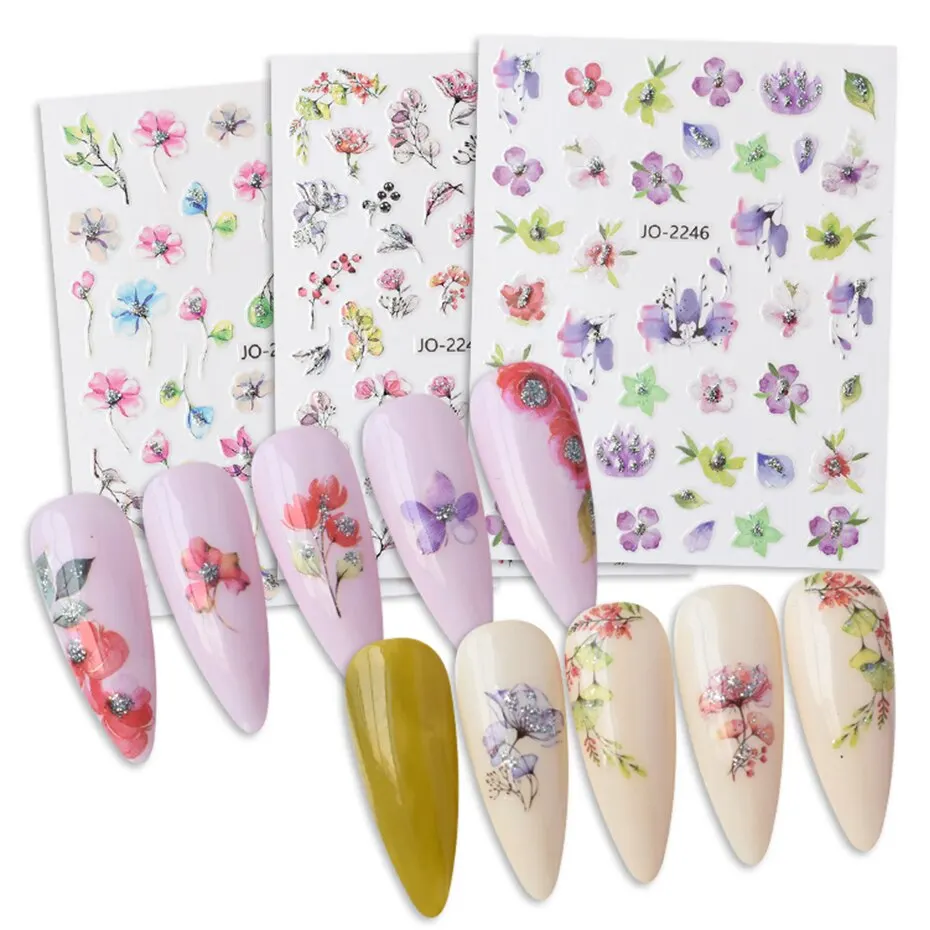 Design Shiny Flowers Nail Sticker 12pcs 3D Pink Spring Blossom Nail Art Decals Green Leaves Sliders DIY Decorate Manicure nail stickers nail art decoration nail decals flower stickers