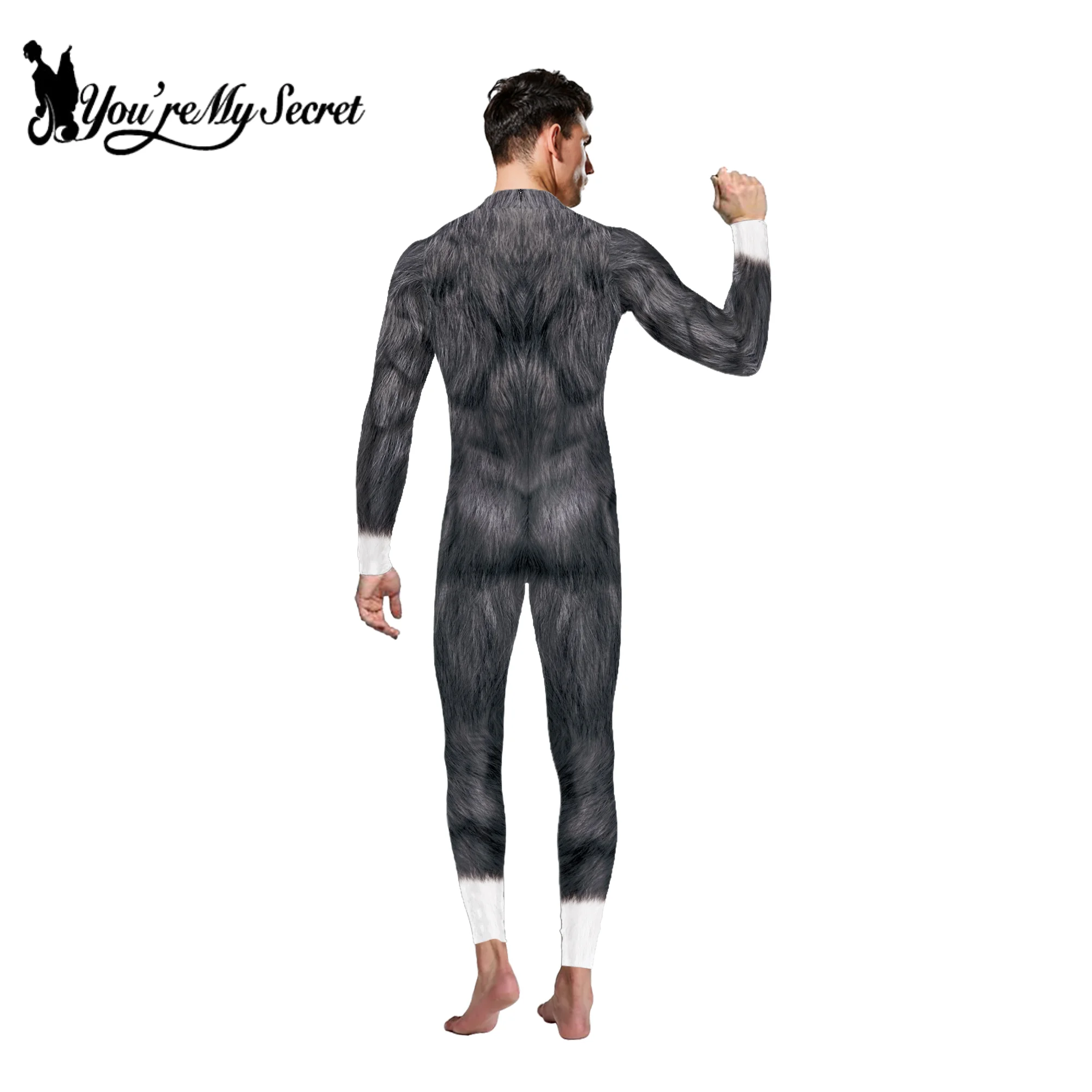 [You're My Secret] Animal Husky Fox Wolf Printed Cosplay Costume Halloween Party Zentai Jumpsuit for Adult Boys Male Bodysuits for cosplay costume