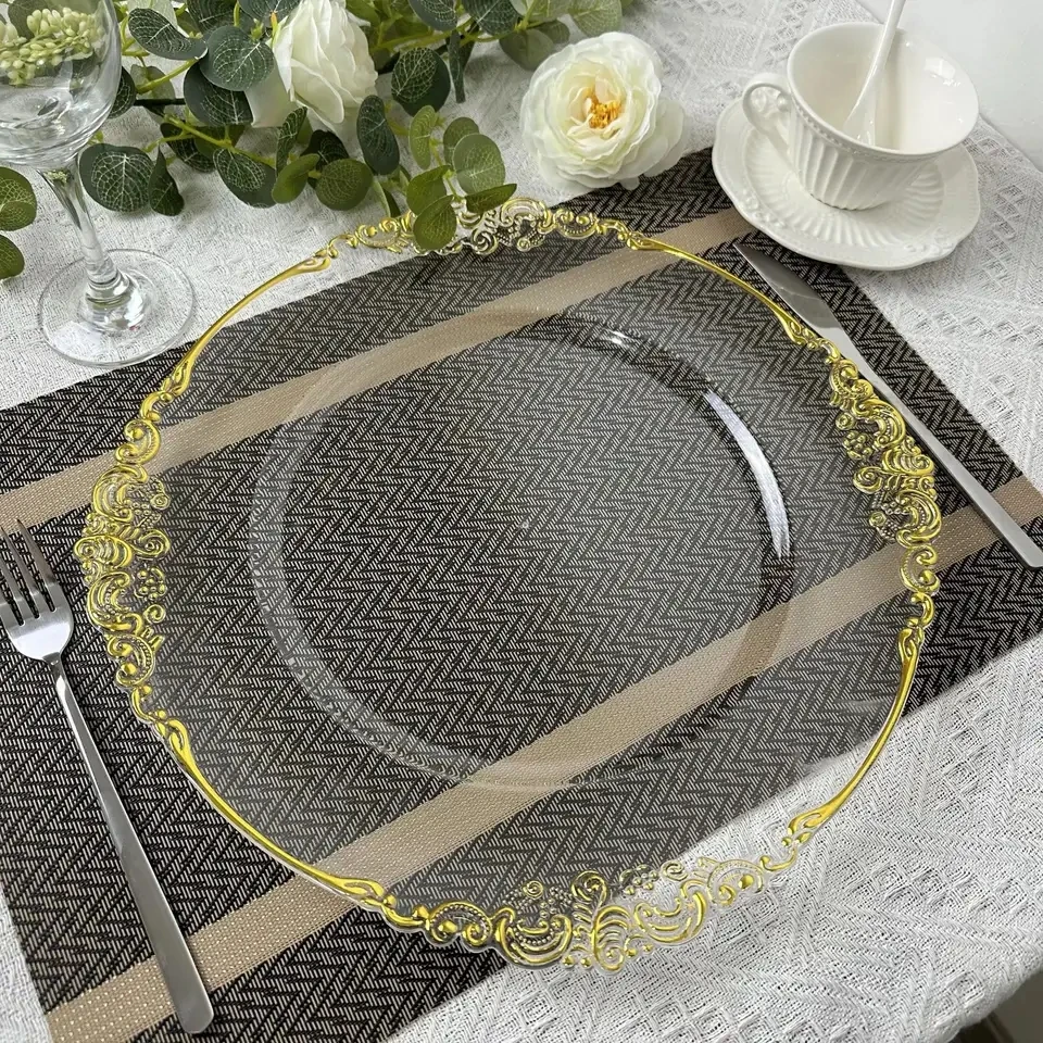 

500pcs)30 style can choose)13 inch Decoration Round Gold Clear Transparent Charger Plates Luxury Plastic Plates for Wedding