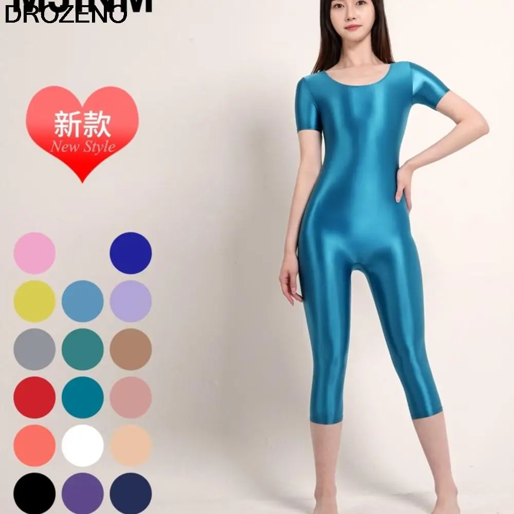 

Silky Stretch Glossy Tights Body Shaping Bodybuilding Sports Jumpsuit Women's Short-Sleeved Cropped Pants lolita swimsuit