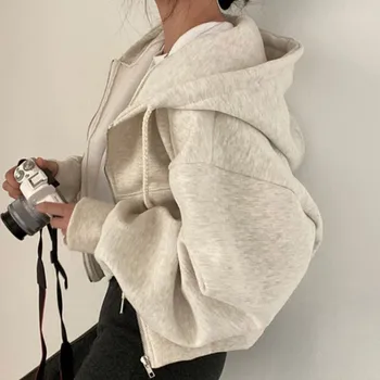 C.New S 하라주쿠 집업 후디 여성용 짧은 코트, 단색 한국 스타일 드로스트링 후드 포켓 스웻셔츠, 가을 겨울