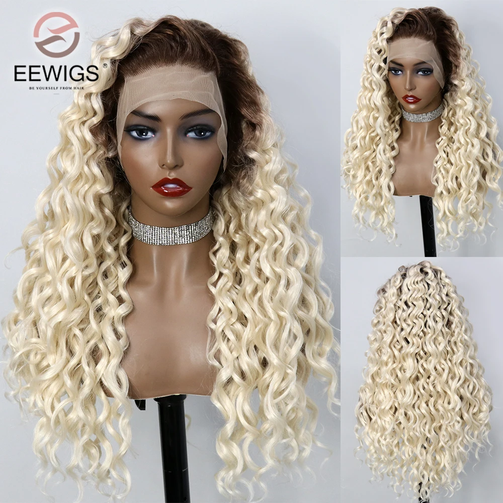 

30 Inch Synthetic Water Curly Ombre 613 Colored Glueless Invisible Lace Front Preplucked Drag Queen Cospaly Wigs For Women Daily
