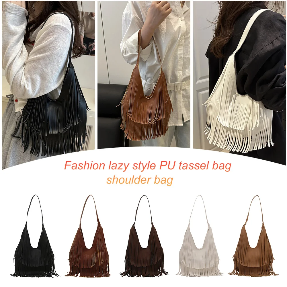 Women Trendy Tassel Shoulder Bag PU Leather Casual Leather Tassel Handbag Vesatile Tote Handbag Travel Party Date Shoulder Bag
