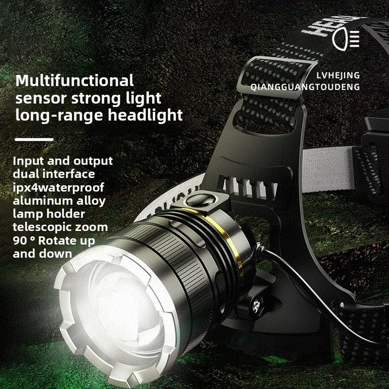 Lampe frontale LED ultra-puissante zoom rechargeable 1000m pêche 2x18650 détection haute performance