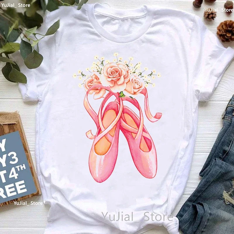 

Pink Shoes Flowers Print T Shirt Women Clothes 2024 White Casual Cool Tshirt Femme Harajuku Shirt Short Sleeve T-Shirt