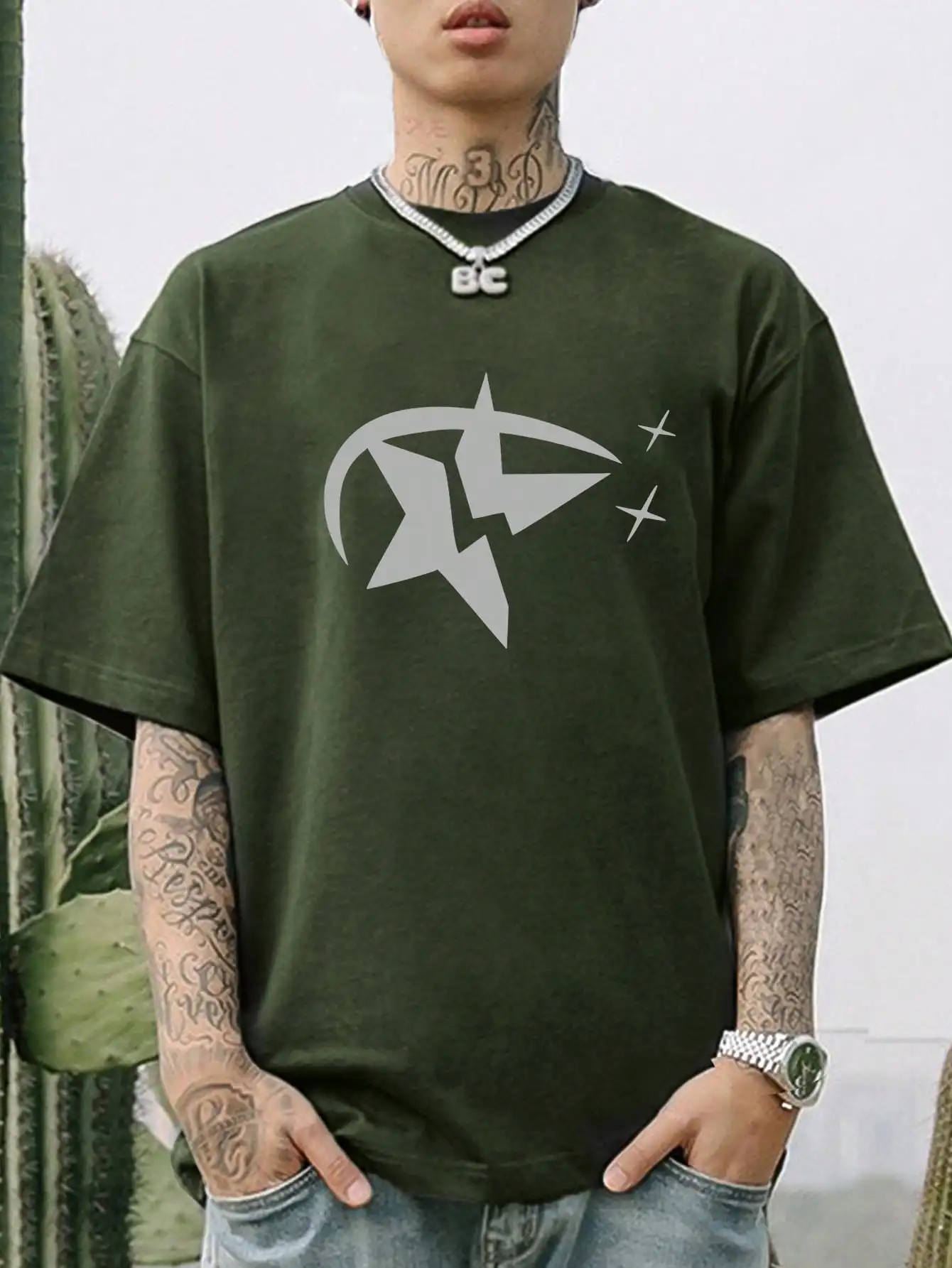 

Футболка мужская с принтом сломанных звезд и изогнутой Луны, хлопковая дышащая футболка, забавная одежда с графическим принтом, свободная рубашка с круглым вырезом