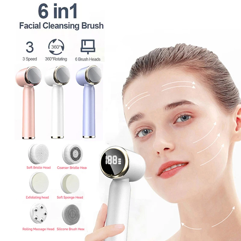 6 In 1 Ultrasonic Electric Face Cleansing Brush Led Display Waterproof