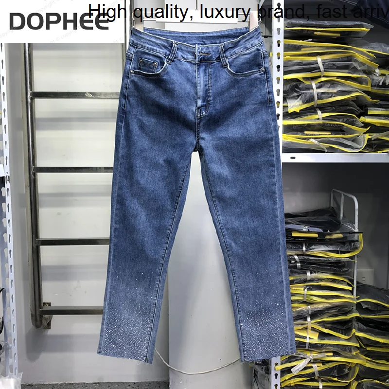 

New Spring 2023 Autumn Women Denim Pants All-match High Waist Stretch Hot Drilling Ankle-length Straight Jeans