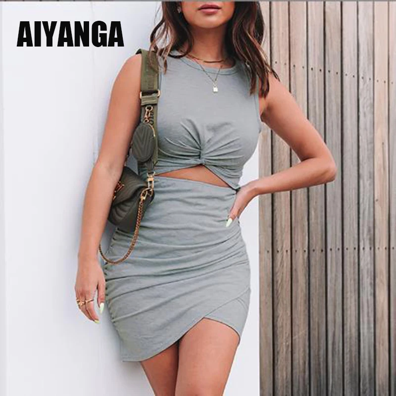 

New 2023 Asymmetrical Summer Women's Dress Casual Sleeveless Waist Hollow Out Mini Dresses Female Sarafan Vestidos