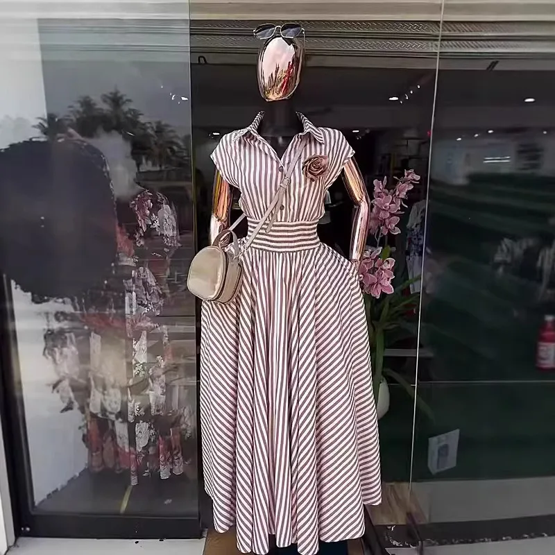 Vintage Gestreiftes Korsett-Hemdkleid für Damen Sommer Elegantes Revers Midi Maxi Kleid Elastische Hohe Taille Ausgestelltes A-Linien Freizeitkleid