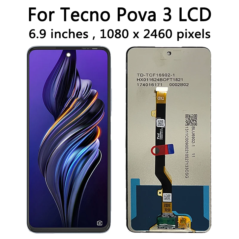 Tecno Pova 3 LF7n LCD 디스플레이 터치 패널 스크린 디지타이저 어셈블리, 프레임 포함, 6.9 인치 AAA