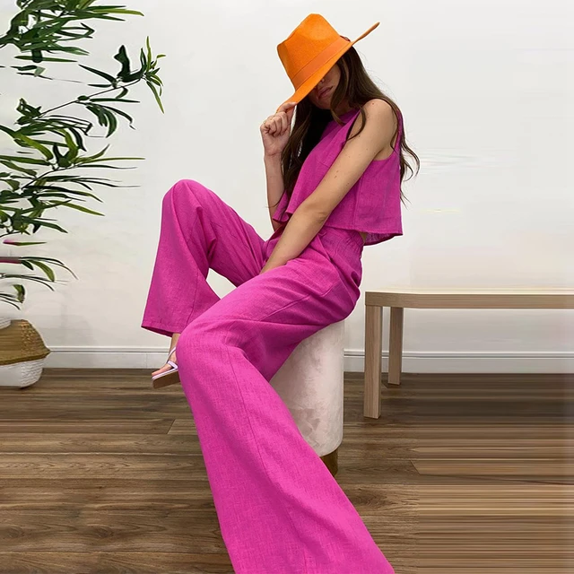 New 2023 Cotton Linen Long Pants Sets 2 Piece Sets Womens Outfits Vacation  O-Neck Crop Tops Summer Casual Wide Leg Pants Suits - AliExpress