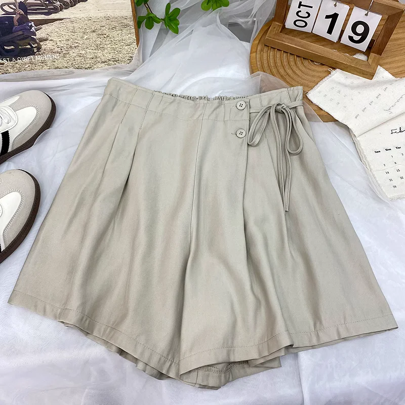 Summer Simplicity Fashion Short Sleeve Shorts 2023 Women's Clothing Lace Up Spliced Loose High Waist Solid Color Female Pants