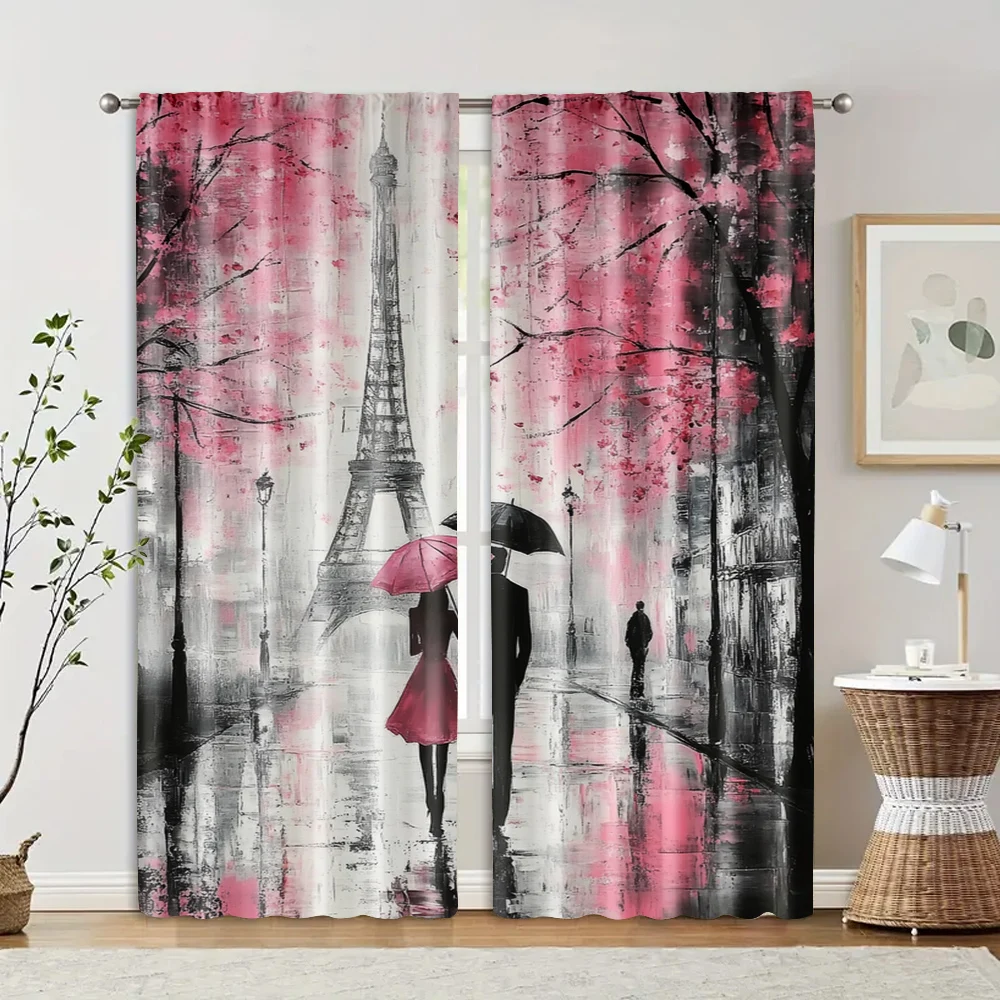 2pcs, Pattern Curtains 2D print Love Walking in the Rain Durable Polyester (without rod) Thermal Insulation, and Room Darkening 2