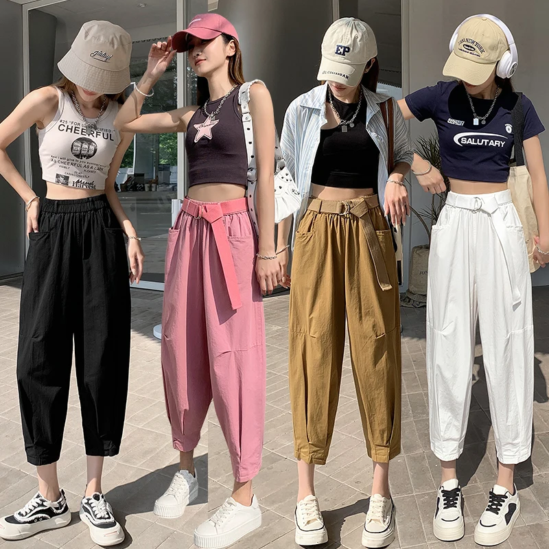 

Cotton Bloomers Pants with Belt Women Summer Korean Fashion High Waist Trouser Female Casual Loose Angle-length Sweatpants New