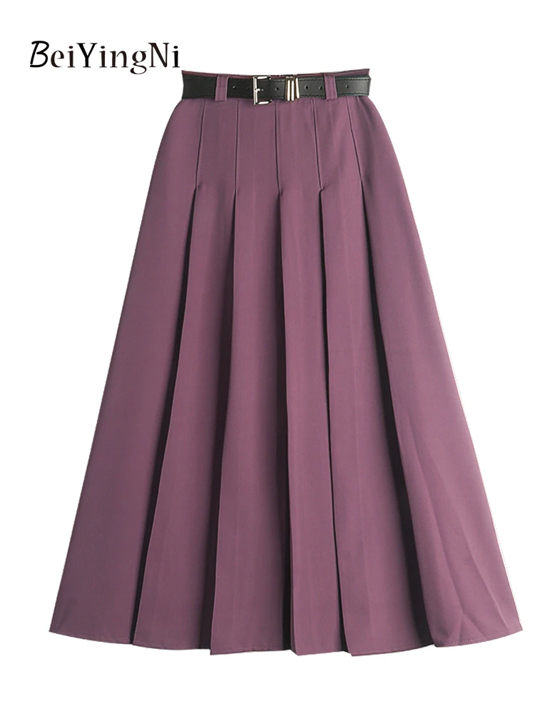 

Beiyingni Spring Autumn Women's Suit Skirt With Belt Slim Fit High Waisted Pleated Long Midi Skirts Office Ladies Solid Color OL