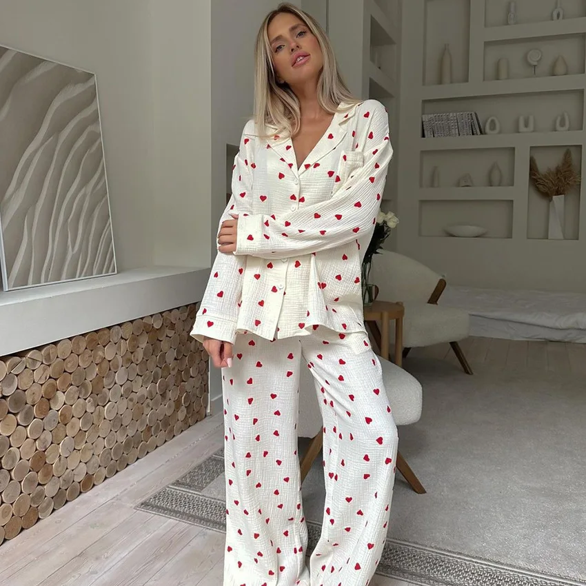 

Spring Autumn Women's Pajama Set Love Print Turn Down Collar Ladies Sleepwear 2 Pcs with Pant Long Sleeve Sleepwear for Female