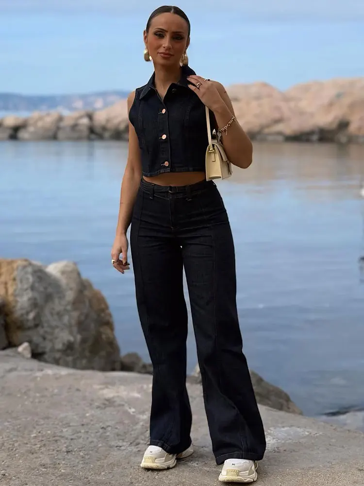 HH Women Denim Pants Sets Lapel Single Breasted Denim Vest Tops High Waist Wide Leg Trousers Fashion Y2K High Street Outfits