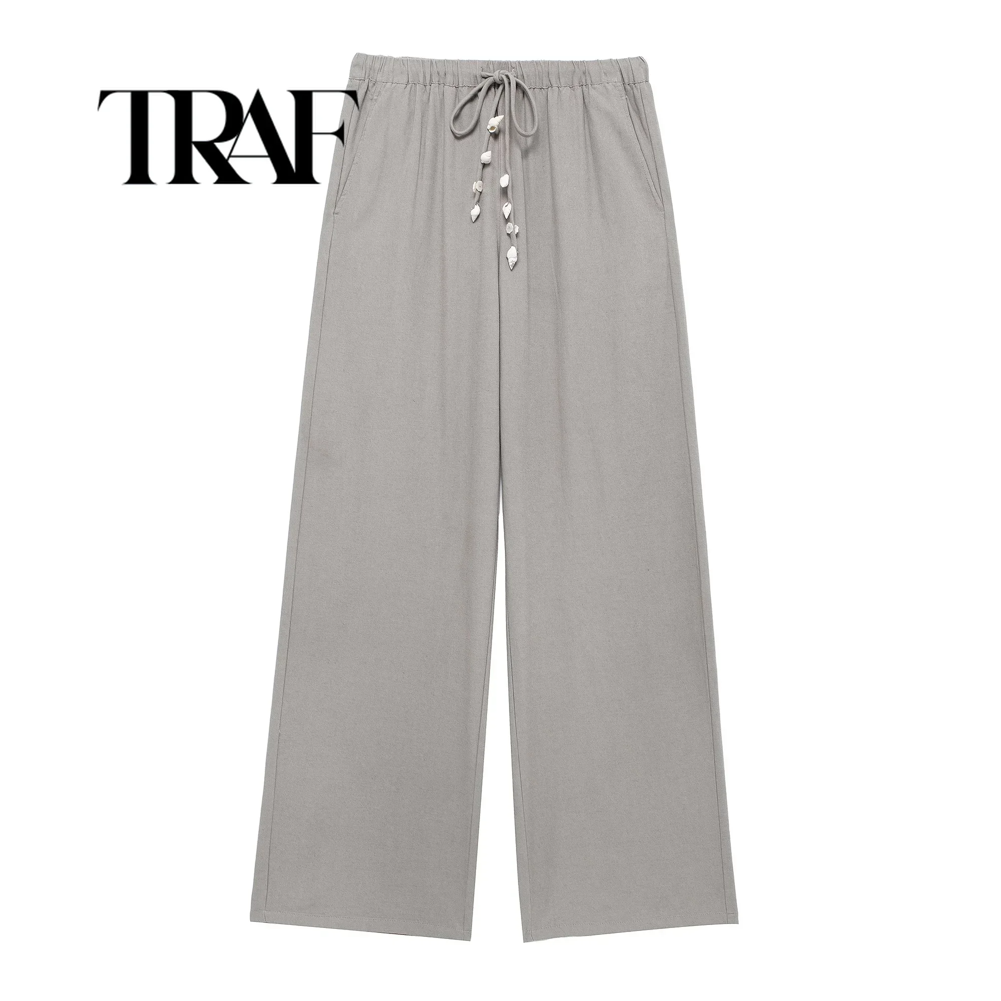 

Летние серые брюки TRAF 2024, женские широкие брюки с украшением в виде ракушки, праздничные брюки, женская уличная одежда