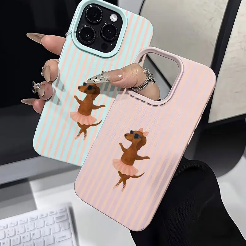 Pink Striped Dachshund Ballet Pattern Silicone Phone Case