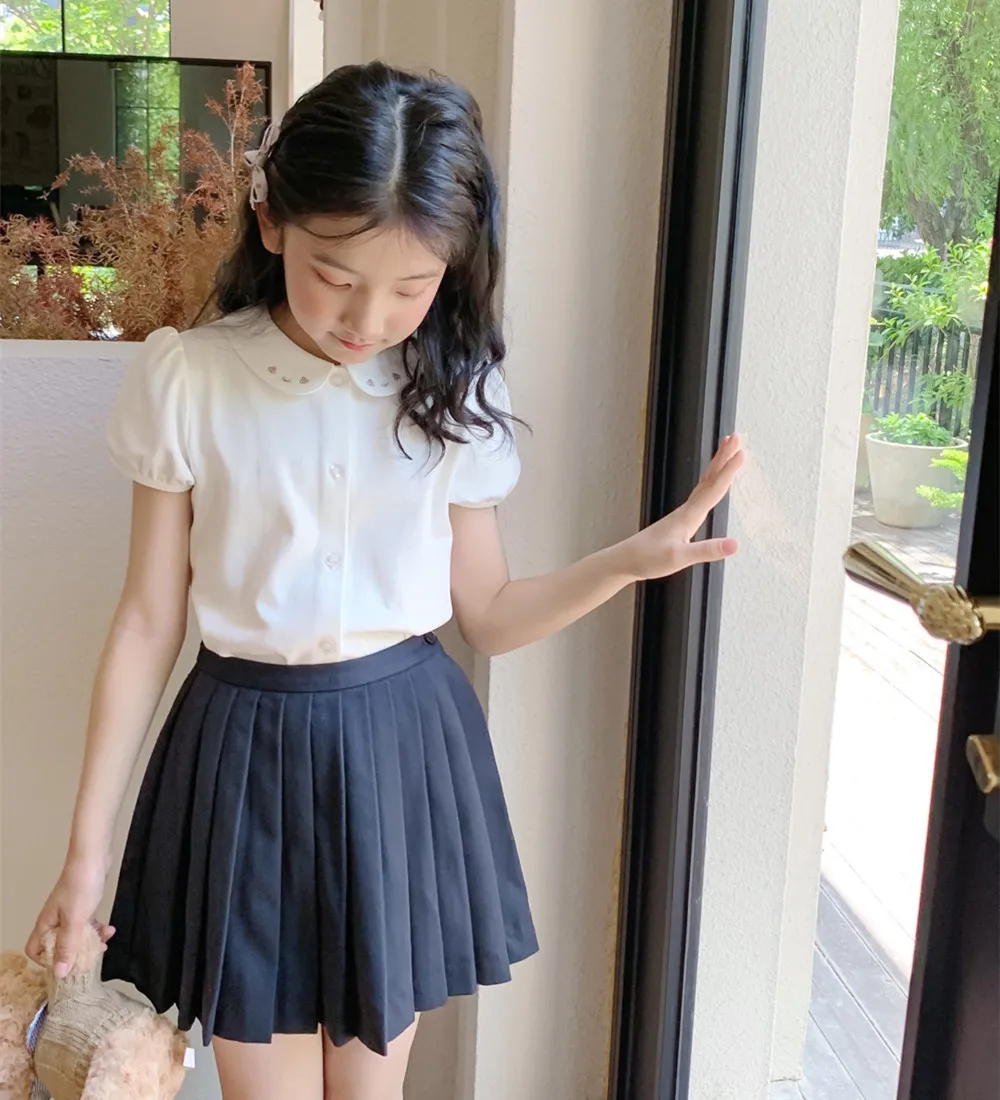 소녀 옷 어린이 옷 여름 소녀 셔츠 사랑스러운 꽃 자수 피터팬 칼라 흰색 셔츠 탑