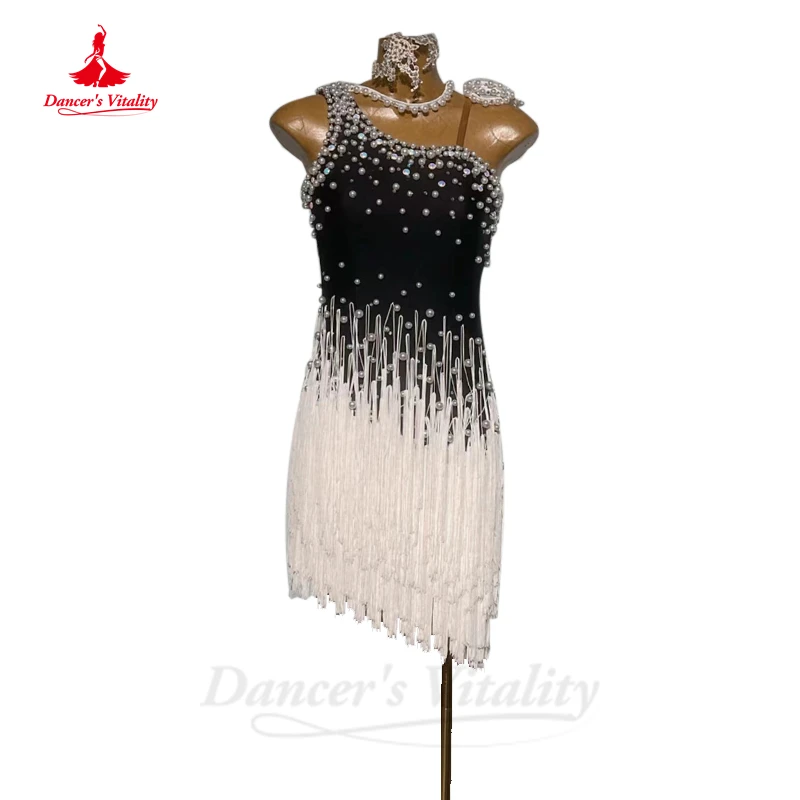 

Latin Dance Competition Dress Senior Pearls Tassel Skirt Customsized Tango Rumba Chacha Performance Clothes Girl's Latin Dresses