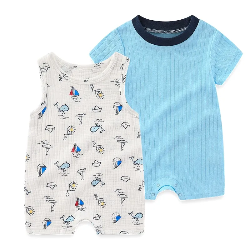 2 Pieces Cotton New Born Baby Girl Clothes Flower 0-12M Cartoon Unisex Sleeveless Baby Boy Clothes Summer Print 4