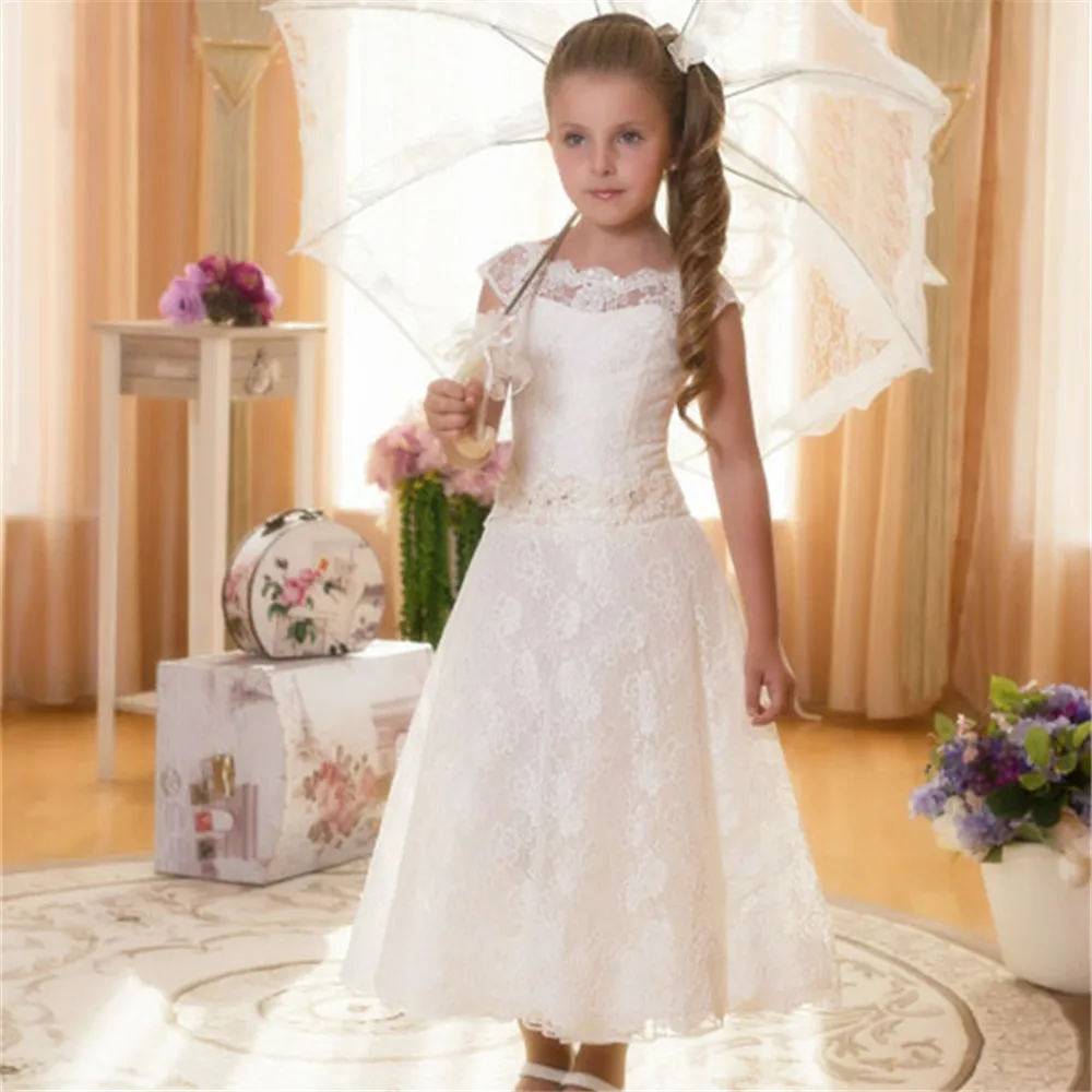 

Beautiful White Lace Flower Girl Dresses for Wedding Tea Length Bridesmaid Party Prom Gown Holy Communion Dresses for Kids