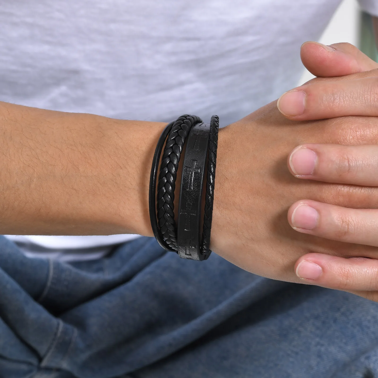 Mprainbow Stylish Stamped Cross Mens Bracelets,Braided Layering