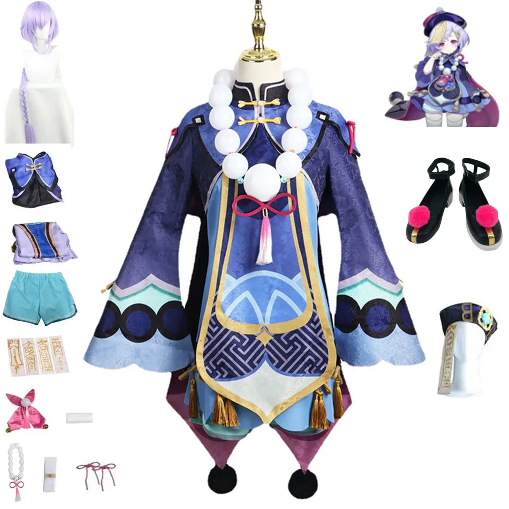 

Anime Game Genshin Impact Qiqi Cosplay Costume Coat Dress Wig Shoes Accessories Necklace Earrings Man Woman Adult Halloween Suit
