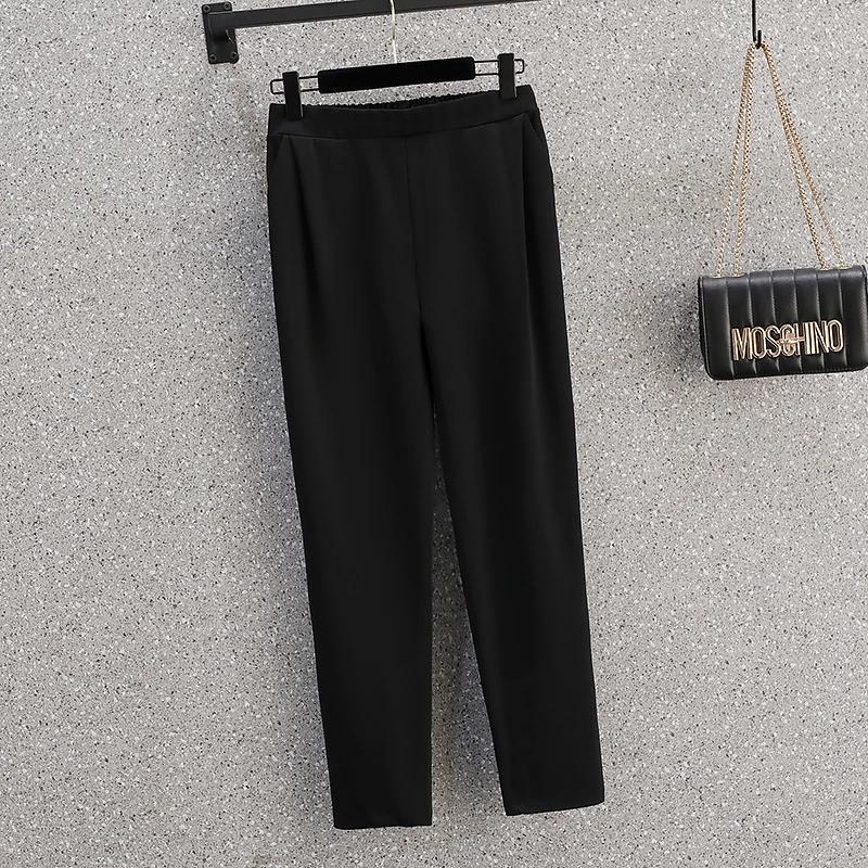 Workwear 검은 옷 플러스 사이즈 여성 바지 정장 레이스 크로 셰 뜨개질 셔츠 탑과 바지 두 조각 레이디 매칭 세트 2022 여름