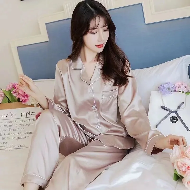 Pajamas Women's Ice Silk Spring and Autumn Seasons Long sleeved Loose Thin Large Women's Sexy Outwear Home Furnishing Set Summer