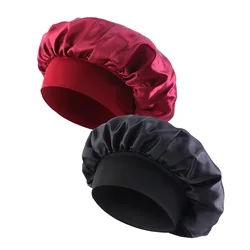 Satin Wide Brim Silky Bonnet Sleep Cap with Soft Elastic Band (Black Wine red)