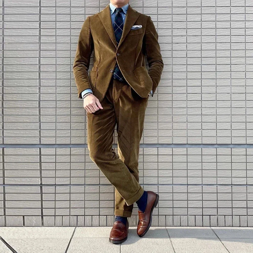 Autumn Vintage Warm Brown Velvet Men Suits Casual Slim Fit Blazer Hombre High Quality Custom 2 Piece Set Jacket Costume Homme